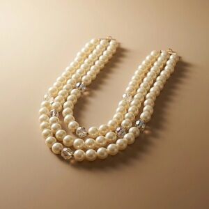 Vintage Lisner 3-strand faux Pearl gold tone necklace w/AB faceted beads Jewelry